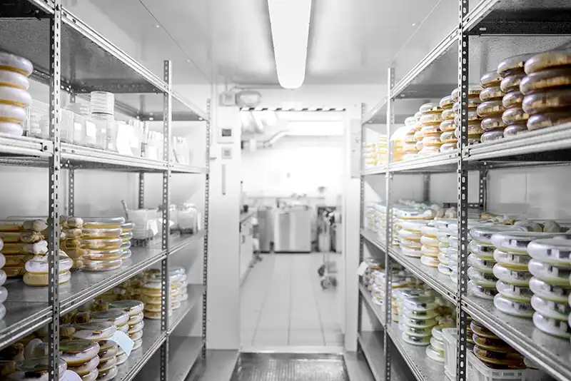 In einem klimatisierten Labor sind auf Metallregalen zahlreiche Petri-Schalen mit Pilz-, Bakterien- und Algenproben zu sehen, die für mikrobiologische Untersuchungen gelagert werden.