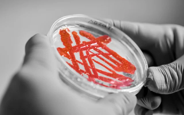 Das Titelbild des Ressorts "Biologie" zeigt Hände in Handschuhen, die eine transparente Petrischale mit rot gefärbter Kultur halten, was mikrobiologische Forschung im Labor veranschaulicht.