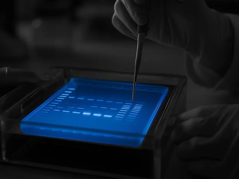 Nahaufnahme eines Gels während der Elektrophorese. Eine Person pipettiert vorsichtig eine Probe, wobei die blau fluoreszierenden Banden im Gel die unterschiedlichen DNA-Fragmente sichtbar machen.