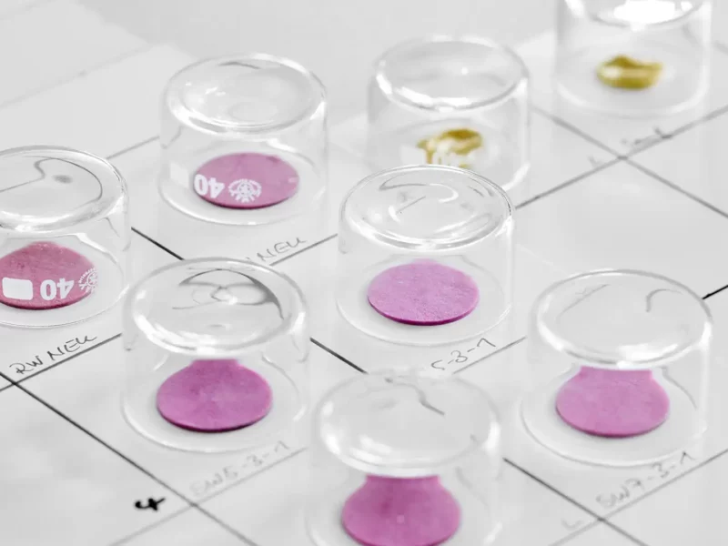 Mehrere Probenrondelle unter umgedrehten Glasdeckeln auf Rasterpapier: Testaufbau zur Untersuchung der Einwirkung von Rotwein auf Oberflächenfarbe.