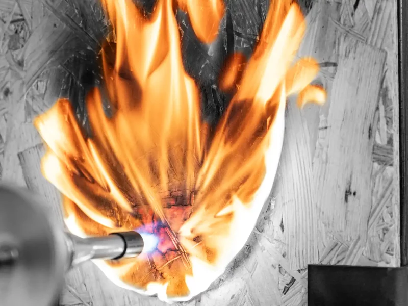 Brandprüfaufbau: Flamme einer Brennerdüse, die auf einen mit Flammschutzmittel imprägnierten Holzwerkstoff trifft.