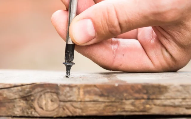 Schraube mit einem Schraubendreher in eine Holzplanke geschraubt