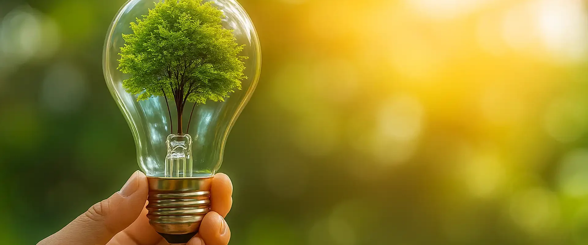 Hand hält eine Glühbirne, in der ein kleiner Baum wächst, vor unscharf grünem Hintergrund – Symbol für nachhaltige Innovation und grüne Energie.
