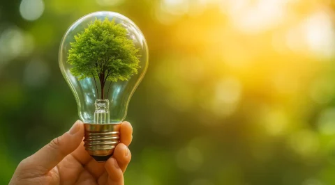 Hand holding a light bulb with a small tree growing inside it against a blurred green background – symbolising sustainable innovation and green energy.