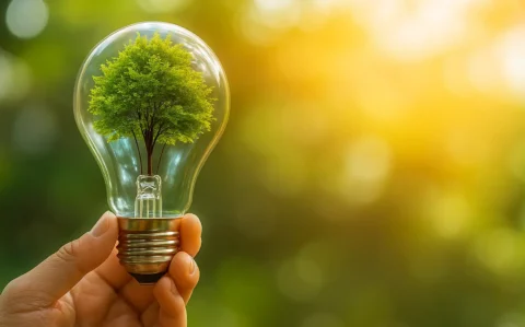 Hand hält eine Glühbirne, in der ein kleiner Baum wächst, vor unscharf grünem Hintergrund – Symbol für nachhaltige Innovation und grüne Energie.