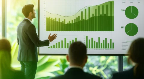 Presentation of the annual report: A man in a suit stands in front of a large screen displaying green bar charts and pie charts, with blurred spectators sitting in the foreground.