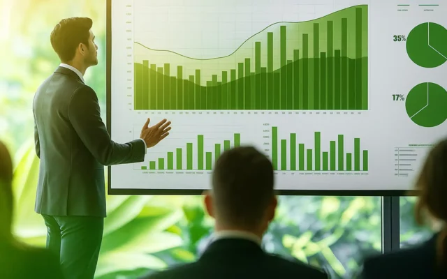 Präsentation des Jahresberichts: Ein Mann im Anzug steht vor einem großen Bildschirm mit grünen Balken- und Kreisdiagrammen, im Vordergrund sitzen unscharf Zuschauer.