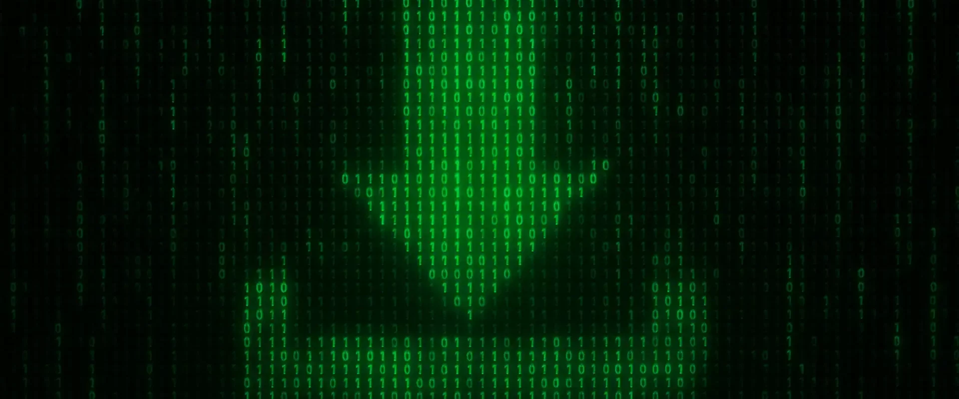 Grüner Pfeil nach unten aus Nullen und Einsen vor einem fallenden Binärcode-Hintergrund – Symbol für digitalen Mediens- oder Daten-Download