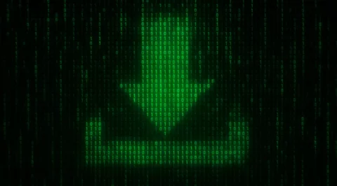 Green downward arrow made up of zeros and ones against a falling binary code background – symbol for digital media or data download