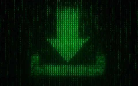 Grüner Pfeil nach unten aus Nullen und Einsen vor einem fallenden Binärcode-Hintergrund – Symbol für digitalen Mediens- oder Daten-Download