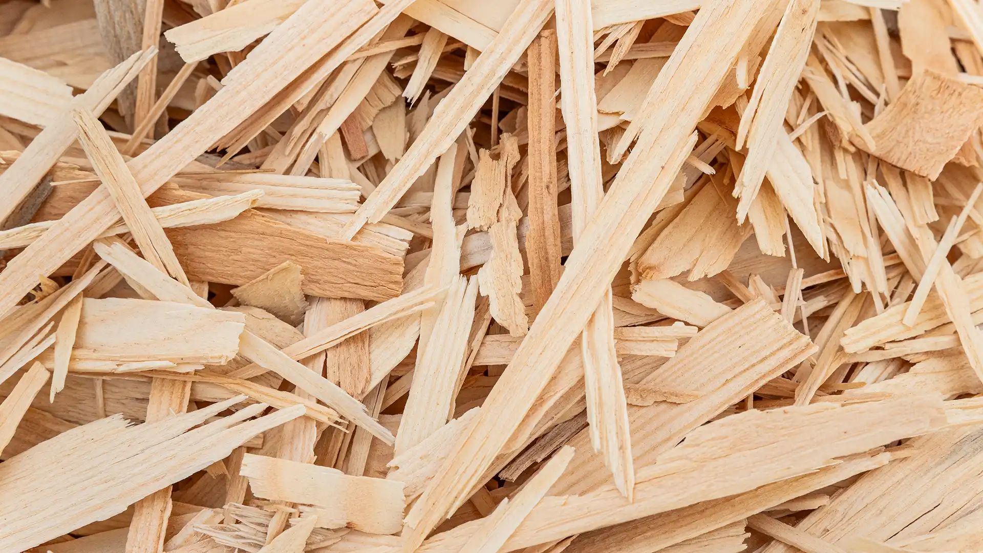 Nahaufnahme von Holzstrandschichten (OSB), die ihre unregelmäßige Faserstruktur und -verteilung zeigen.