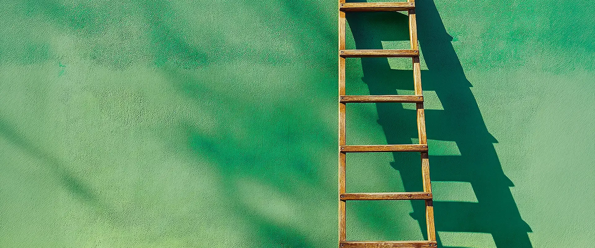 Eine hölzerne Leiter lehnt an einer grünen Wand und wirft Schatten – Symbolbild für Aufstieg und Karrierechancen.