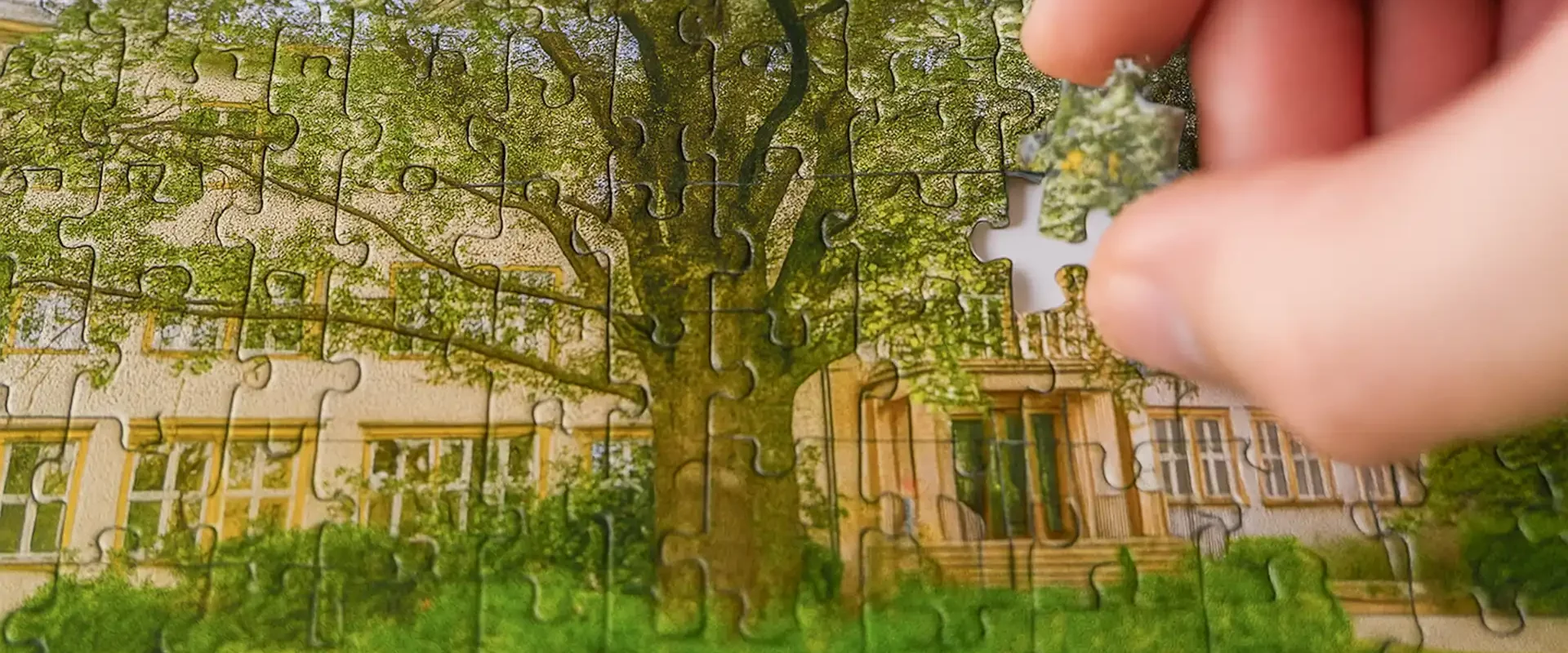 Eine Hand setzt das letzte Teil eines Puzzles mit der Fassade des IHD und einem großen Baum in eine Lücke.