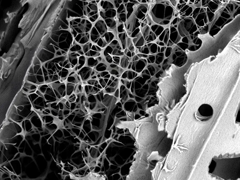 Rasterelektronenmikroskopische Aufnahme einer biologisch geschädigten Oberfläche