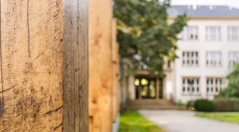 Nahaufnahme verwitterter Holzpfosten links, im unscharfen Hintergrund die Außenansicht des IHD Dresden mit Eingangsbereich, Fassade, Rasen und Weg.