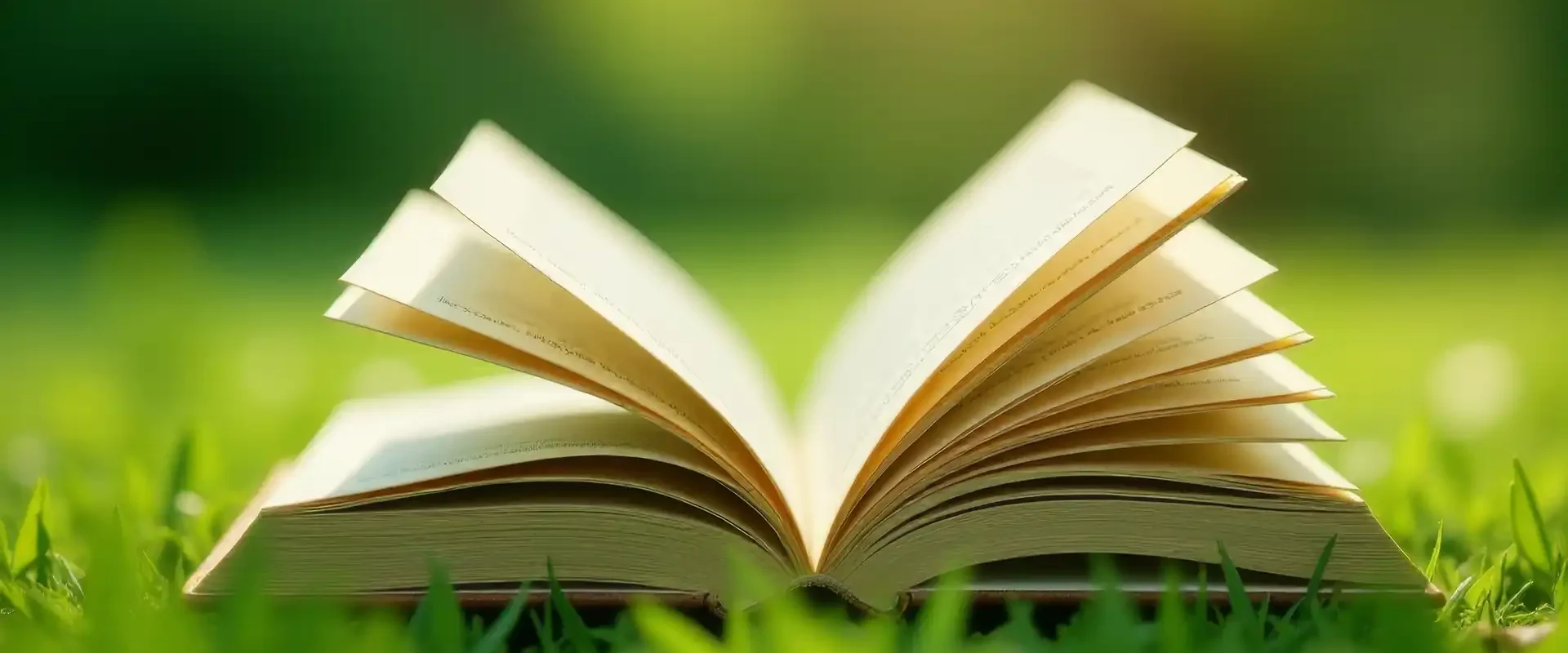 Ein aufgeklapptes Buch liegt auf grünen Grashalmen in sonniger Umgebung – Symbolbild für Studium und Lernen im Freien.