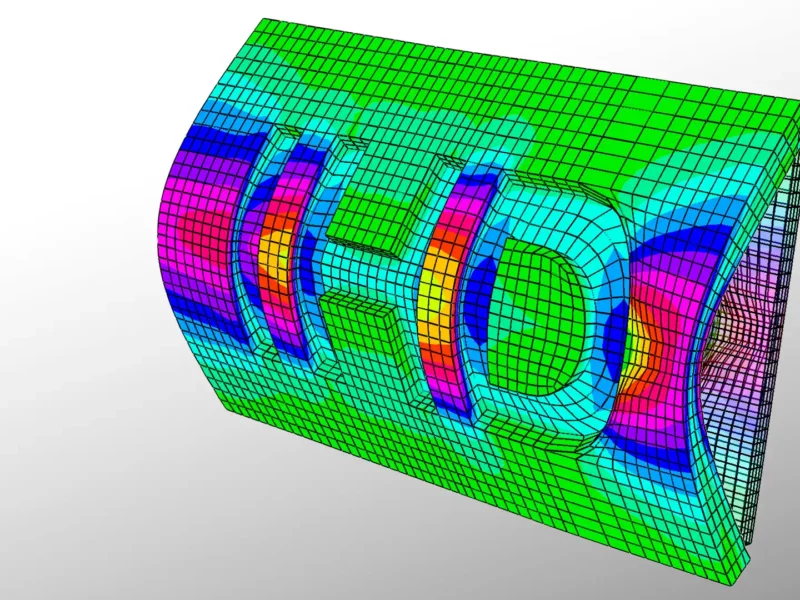 3D Finite Elemente Modell einer Bauteilgeometrie mit farbkodierter Spannungsverteilung und feinem Netz, IHD Relief in der Mitte.