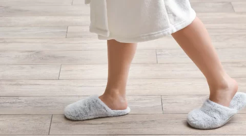 Person wearing slippers on light wooden floor indoors