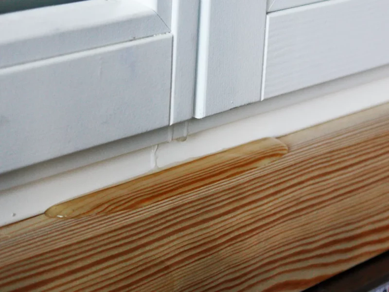 Harzaustritt an Holzfensterbank unter Kunststofffensterrahmen