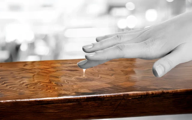 Ein Finger berührt den Transparentlack einer reich gemaserten Holzoberfläche und löst dadurch kleine Wellen aus.