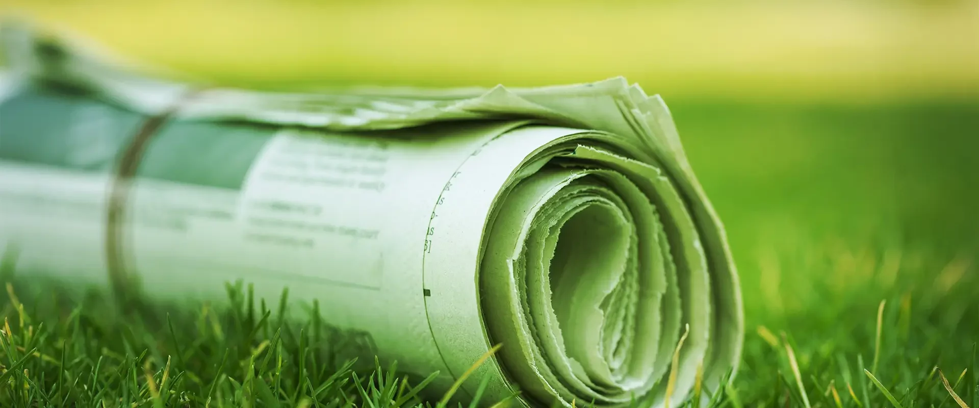 Gerollte Zeitung auf grünem Rasen als Symbol für Nachhaltigkeit und Umweltbewusstsein
